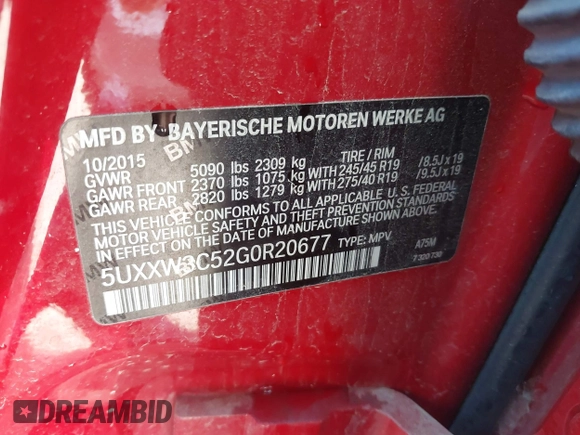 2016 BMW X4 xDrive28i with VIN 5UXXW3C52G0R20677, listed as a IAAI auction lot 42085953 with 88,000 mi miles and . Bid and sale history available at DreamBid. Image 9.