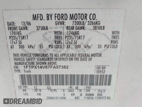 2007 Ford F-150 XLT with VIN 1FTPX14V87FA57382, listed as a IAAI auction lot 42422045 with 164,042 mi miles and . Bid and sale history available at DreamBid. Image 9.