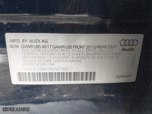 2005 Audi A4 3.0L with VIN WAULT68E95A076077, listed as a IAAI auction lot 41380217 with 54,423 mi miles. Bid and sale history available at carsss.com. Image 9.