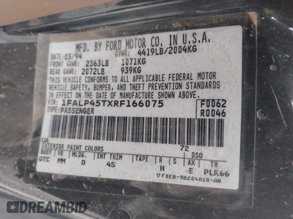 1994 Ford Mustang z VIN 1FALP45TXRF166075, wystawiony jako IAAI lot #42072112 z przebiegiem 101 500 mil mil oraz . Historia ofert i sprzedaży dostępna na DreamBid. Obrazek 9.