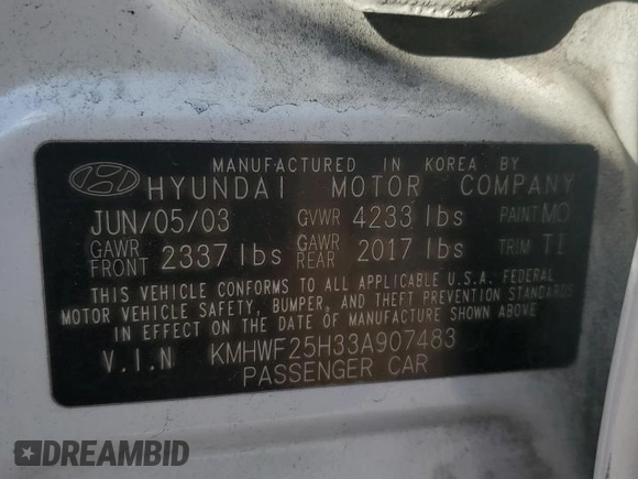 2003 Hyundai Sonata with VIN KMHWF25H33A907483, listed as a Copart auction lot 46174975 with 242,824 mi miles and Salvage Title. Bid and sale history available at carsss.com. Image 12.