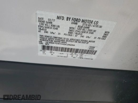 2017 Ford Explorer XLT с VIN 1FM5K7D81HGC29259, выставлен на аукционе Copart как лот 61749865 с пробегом 97 610 миль миль и Списание • Salvage title. История ставок и продаж доступна на DreamBid. Изображение 13.