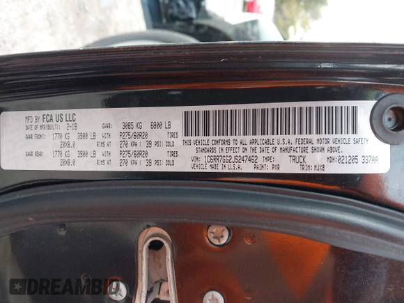 2018 Ram 1500 Big Horn with VIN 1C6RR7GG2JS247462, listed as a IAAI auction lot 41628057 with 146,686 mi miles and . Bid and sale history available at DreamBid. Image 9.
