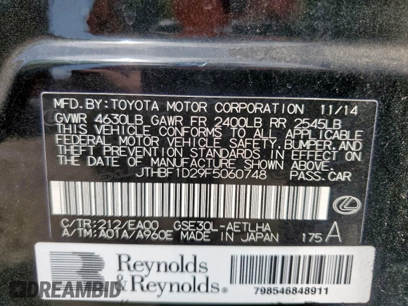 2015 Lexus IS 250 с VIN JTHBF1D29F5060748, выставлен на аукционе Copart как лот 61601625 с пробегом 53 394 миль миль и Списание • Salvage title. История ставок и продаж доступна на DreamBid. Изображение 12.