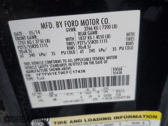 2014 Ford F-150 XL with VIN 1FTFW1ET9EFC17438, listed as a Copart auction lot 76948754 with 98,765 mi miles and Salvage Title. Bid and sale history available at carsss.com. Image 14.