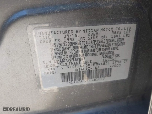 2015 Nissan Sentra SR with VIN 3N1AB7AP7FL681047, listed as a IAAI auction lot 41800969 with NaN miles. Bid and sale history available at carsss.com. Image 9.