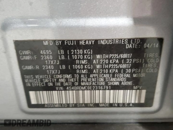 2014 Subaru Outback Limited with VIN 4S4BRDMC0E2316791, listed as a Copart auction lot 41804835 with 81,152 mi miles and Salvage title. Bid and sale history available at DreamBid. Image 15.