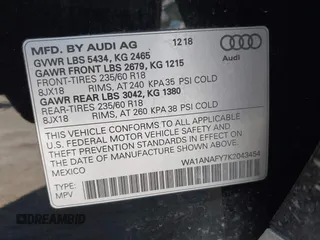 2019 Audi Q5 Premium with VIN WA1ANAFY7K2043454, listed as a IAAI auction lot 41620464 with 57,516 mi miles. Bid and sale history available at carsss.com. Image 9.