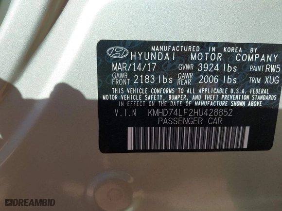 2017 Hyundai Elantra SE with VIN KMHD74LF2HU428852, listed as a IAAI auction lot 41476105 with 48,853 mi miles. Bid and sale history available at carsss.com. Image 9.