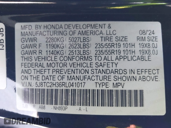 2024 Acura RDX with VIN 5J8TC2H36RL041017, listed as a IAAI auction lot 41317136 with 1,855 mi miles and . Bid and sale history available at DreamBid. Image 9.