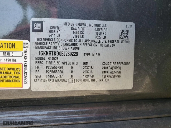 2014 GMC Acadia Denali with VIN 1GKKRTKD0EJ239229, listed as a Copart auction lot 52016575 with 215,980 mi miles and Salvage Title. Bid and sale history available at carsss.com. Image 15.