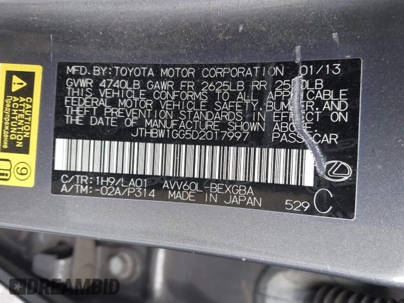 2013 Lexus ES 300h with VIN JTHBW1GG5D2017997, listed as a IAAI auction lot 42185265 with 166,383 mi miles and . Bid and sale history available at DreamBid. Image 9.