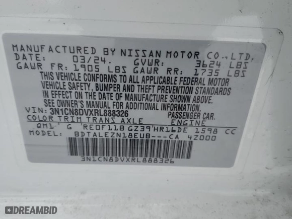 2024 Nissan Versa S with VIN 3N1CN8DVXRL888326, listed as a Copart auction lot 87415274 with 41,119 mi miles and Salvage Title. Bid and sale history available at carsss.com. Image 12.