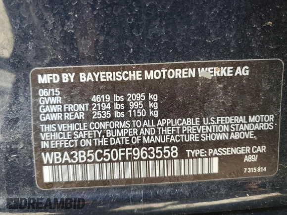 2015 BMW 3 Series 328i xDrive with VIN WBA3B5C50FF963558, listed as a Copart auction lot 46451985 with 51,337 mi miles and Salvage Title. Bid and sale history available at carsss.com. Image 14.