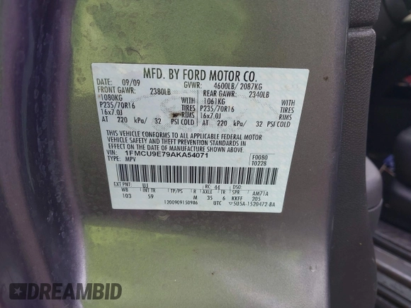 2010 Ford Escape Limited with VIN 1FMCU9E79AKA54071, listed as a IAAI auction lot 42399057 with 117,554 mi miles and . Bid and sale history available at DreamBid. Image 8.