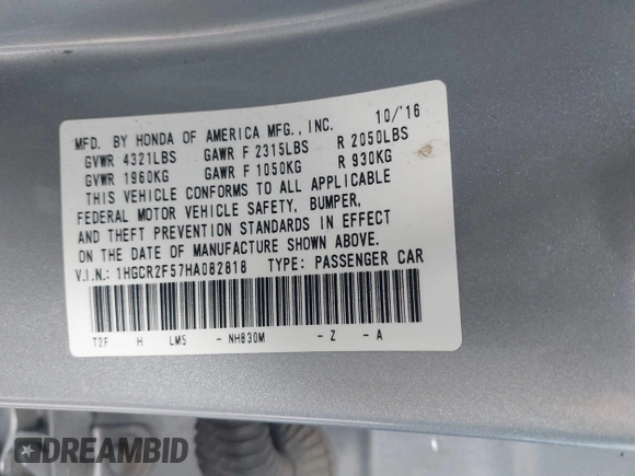 2017 Honda Accord Sedan Sport with VIN 1HGCR2F57HA082818, listed as a IAAI auction lot 41900332 with 169,226 mi miles. Bid and sale history available at carsss.com. Image 9.