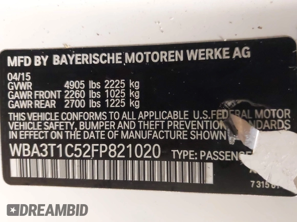 2015 BMW 4 Series 428i xDrive with VIN WBA3T1C52FP821020, listed as a IAAI auction lot 42004707 with 74,951 mi miles and . Bid and sale history available at carsss.com. Image 9.