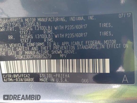 2017 Toyota Sienna LE Auto Access Seat with VIN 5TDKZ3DC7HS875279, listed as a IAAI auction lot 41147375 with 59,837 mi miles and . Bid and sale history available at DreamBid. Image 9.