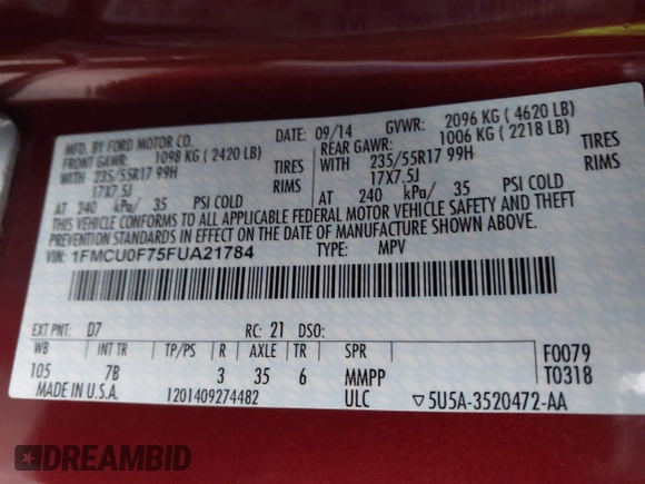 2015 Ford Escape S with VIN 1FMCU0F75FUA21784, listed as a IAAI auction lot 41625255 with 179,885 mi miles. Bid and sale history available at carsss.com. Image 9.