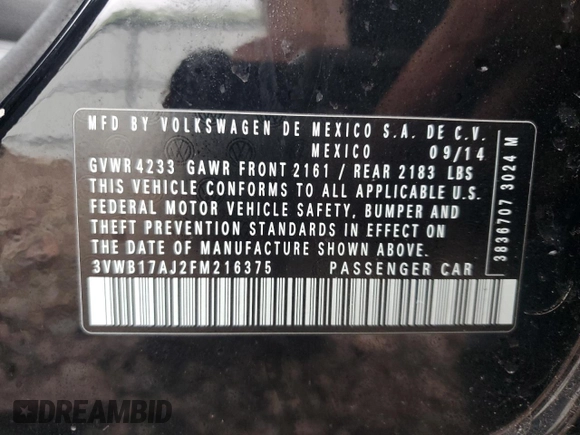 2015 Volkswagen Jetta Sport with VIN 3VWB17AJ2FM216375, listed as a Copart auction lot 51406975 with 148,496 mi miles and Salvage title. Bid and sale history available at DreamBid. Image 12.