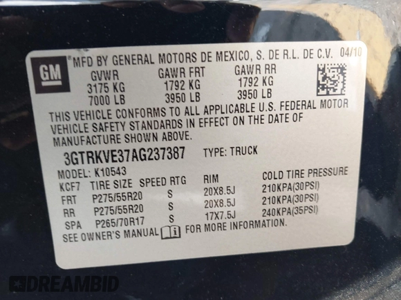 2010 GMC Sierra 1500 SLE z VIN 3GTRKVE37AG237387, wystawiony jako IAAI lot #42226235 z przebiegiem 181 766 mil mil oraz . Historia ofert i sprzedaży dostępna na DreamBid. Obrazek 9.