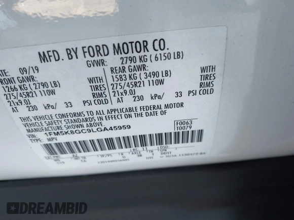 2020 Ford Explorer ST with VIN 1FM5K8GC9LGA45959, listed as a IAAI auction lot 41340735 with 66,210 mi miles and . Bid and sale history available at DreamBid. Image 9.
