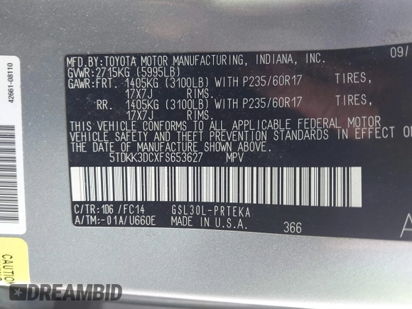 2015 Toyota Sienna LE AAS z VIN 5TDKK3DCXFS653627, wystawiony jako IAAI lot #41477920 z przebiegiem Nie podano mil oraz . Historia ofert i sprzedaży dostępna na DreamBid. Obrazek 9.