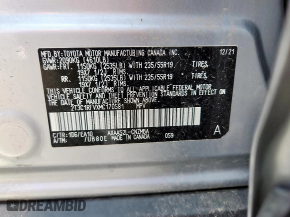2021 Toyota RAV4 XLE Premium with VIN 2T3C1RFVXMC170581, listed as a Copart auction lot 58327005 with 54,200 mi miles and Salvage title. Bid and sale history available at DreamBid. Image 14.