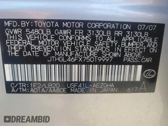 2007 Lexus LS 460 L с VIN JTHGL46FX75019997, выставлен на аукционе Copart как лот 65532475 с пробегом 132 084 миль миль и Чистый • Clean title. История ставок и продаж доступна на DreamBid. Изображение 10.