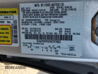 2013 Ford Fusion SE with VIN 3FA6P0H9XDR297802, listed as a Copart auction lot 88169155 with 184,447 mi miles and Salvage title. Bid and sale history available at DreamBid. Image 12.
