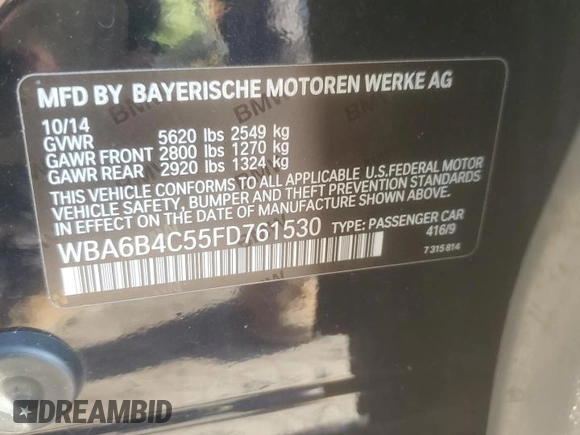 2015 BMW 6 Series 650i xDrive with VIN WBA6B4C55FD761530, listed as a Copart auction lot 75430464 with 18,729 mi miles and Salvage Title. Bid and sale history available at DreamBid. Image 12.
