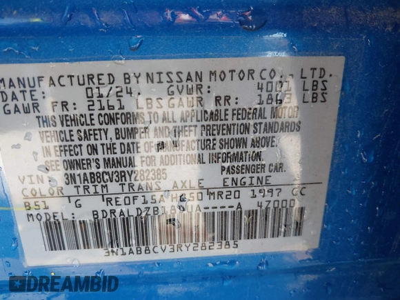 2024 Nissan Sentra SV with VIN 3N1AB8CV3RY282385, listed as a IAAI auction lot 41922422 with 25,671 mi miles and . Bid and sale history available at DreamBid. Image 9.