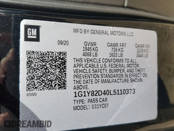 2020 Chevrolet Corvette 3LT with VIN 1G1Y82D40L5110373, listed as a Copart auction lot 66202144 with 43,121 mi miles and Salvage Title. Bid and sale history available at carsss.com. Image 12.