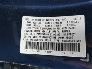 2015 Honda Accord LX with VIN 1HGCR2F35FA198109, listed as a IAAI auction lot 40899343 with Not Provided miles. Bid and sale history available at carsss.com. Image 9.
