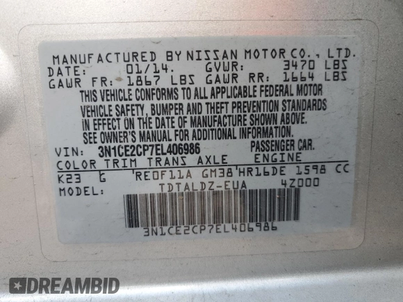 2014 Nissan Note SV with VIN 3N1CE2CP7EL406986, listed as a Copart auction lot 52984175 with 128,727 mi miles and Salvage Title. Bid and sale history available at DreamBid. Image 12.
