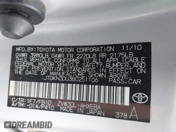 2011 Toyota Prius I with VIN JTDKN3DU3B0251106, listed as a IAAI auction lot 42083011 with 142,043 mi miles and . Bid and sale history available at DreamBid. Image 9.