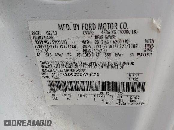 2013 Ford F-250 XL with VIN 1FT7X2B62DEA74472, listed as a Copart auction lot 57628995 with 224,256 mi miles and Salvage title. Bid and sale history available at DreamBid. Image 12.