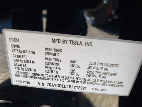 2024 Tesla Model Y with VIN 7SAYGDED1RF212991, listed as a IAAI auction lot 41644411 with NaN miles. Bid and sale history available at carsss.com. Image 9.
