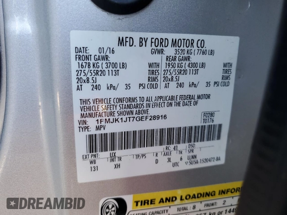 2016 Ford Expedition Max XLT with VIN 1FMJK1JT7GEF28916, listed as a Copart auction lot 54512765 with 124,957 mi miles and Salvage title. Bid and sale history available at DreamBid. Image 13.