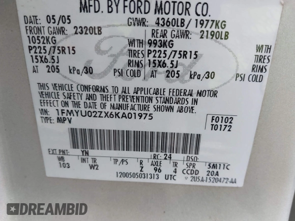 2006 Ford Escape XLS with VIN 1FMYU02ZX6KA01975, listed as a IAAI auction lot 41799030 with 137,049 mi miles and . Bid and sale history available at DreamBid. Image 9.