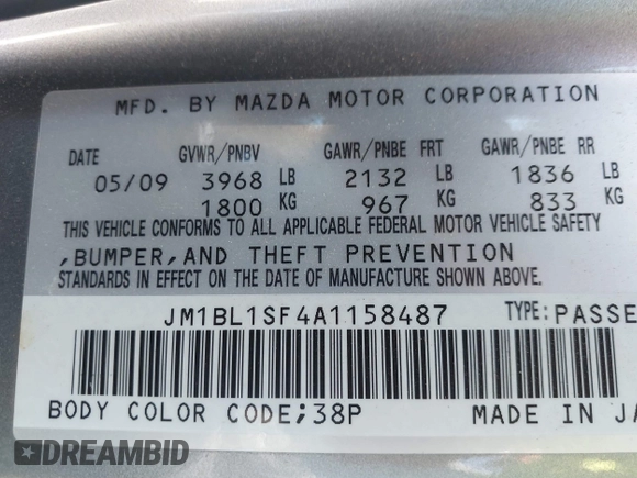 2010 Mazda 3 i Touring with VIN JM1BL1SF4A1158487, listed as a IAAI auction lot 41843015 with 222,368 mi miles and . Bid and sale history available at DreamBid. Image 9.