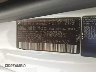 2001 BMW 3 Series 330Ci with VIN WBABS53431EV86967, listed as a IAAI auction lot 42017677 with 198,944 mi miles. Bid and sale history available at carsss.com. Image 9.