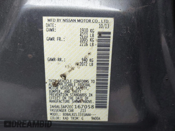 2014 Nissan Altima 2.5 with VIN 1N4AL3AP2EC167058, listed as a IAAI auction lot 41808288 with 177,053 mi miles. Bid and sale history available at carsss.com. Image 9.