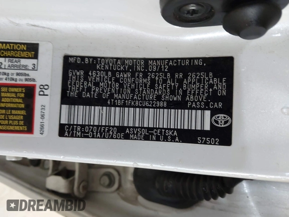 2012 Toyota Camry L with VIN 4T1BF1FK8CU622988, listed as a IAAI auction lot 41554290 with 187,508 mi miles and . Bid and sale history available at DreamBid. Image 9.