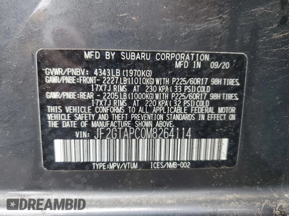 2021 Subaru Crosstrek Premium z VIN JF2GTAPC0M8264114, wystawiony jako Copart lot #57050895 z przebiegiem 184 558 mil mil oraz Szkoda całkowita • Salvage title. Historia ofert i sprzedaży dostępna na DreamBid. Obrazek 12.