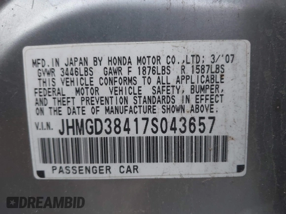 2007 Honda Fit with VIN JHMGD38417S043657, listed as a IAAI auction lot 41025258 with 147,034 mi miles. Bid and sale history available at carsss.com. Image 9.