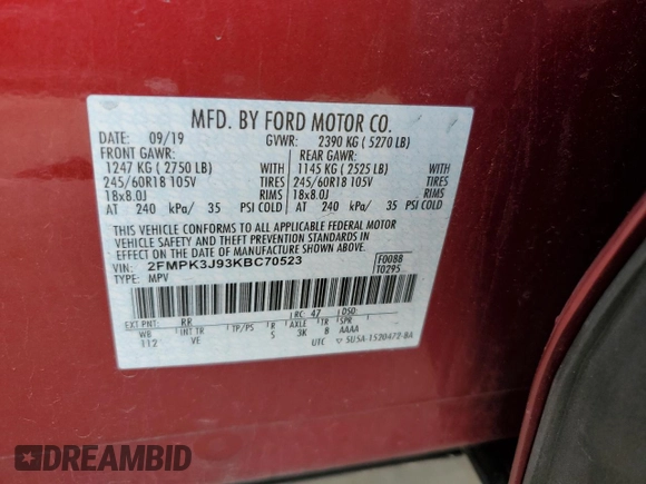 2019 Ford Edge SEL z VIN 2FMPK3J93KBC70523, wystawiony jako Copart lot #53424725 z przebiegiem 71 472 mil mil oraz Szkoda całkowita • Salvage title. Historia ofert i sprzedaży dostępna na DreamBid. Obrazek 13.