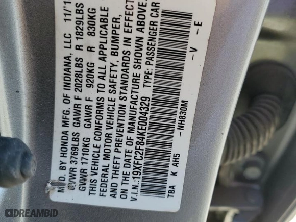 2019 Honda Civic Sedan Sport with VIN 19XFC2F84KE004329, listed as a Copart auction lot 51074075 with 0 mi miles and Salvage Title. Bid and sale history available at carsss.com. Image 14.