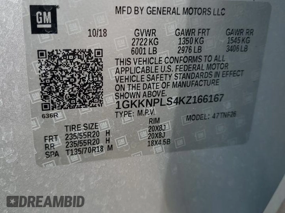 2019 GMC Acadia Denali with VIN 1GKKNPLS4KZ166167, listed as a Copart auction lot 53518165 with 54,394 mi miles and Salvage Title. Bid and sale history available at DreamBid. Image 15.