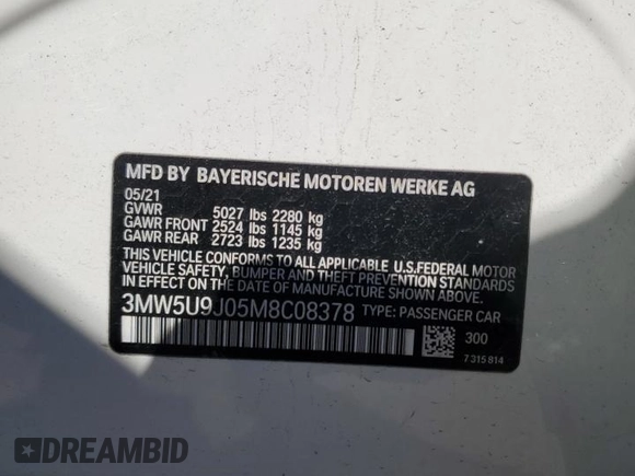 2021 BMW 3 Series M340i xDrive with VIN 3MW5U9J05M8C08378, listed as a Copart auction lot 46323565 with 34,604 mi miles and Salvage Title. Bid and sale history available at carsss.com. Image 12.